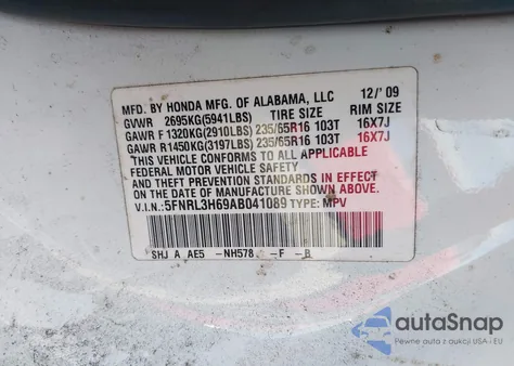 2010 Honda Odyssey Ex-L z USA, uszkodzony, nr VIN 5FNRL3H69AB041089